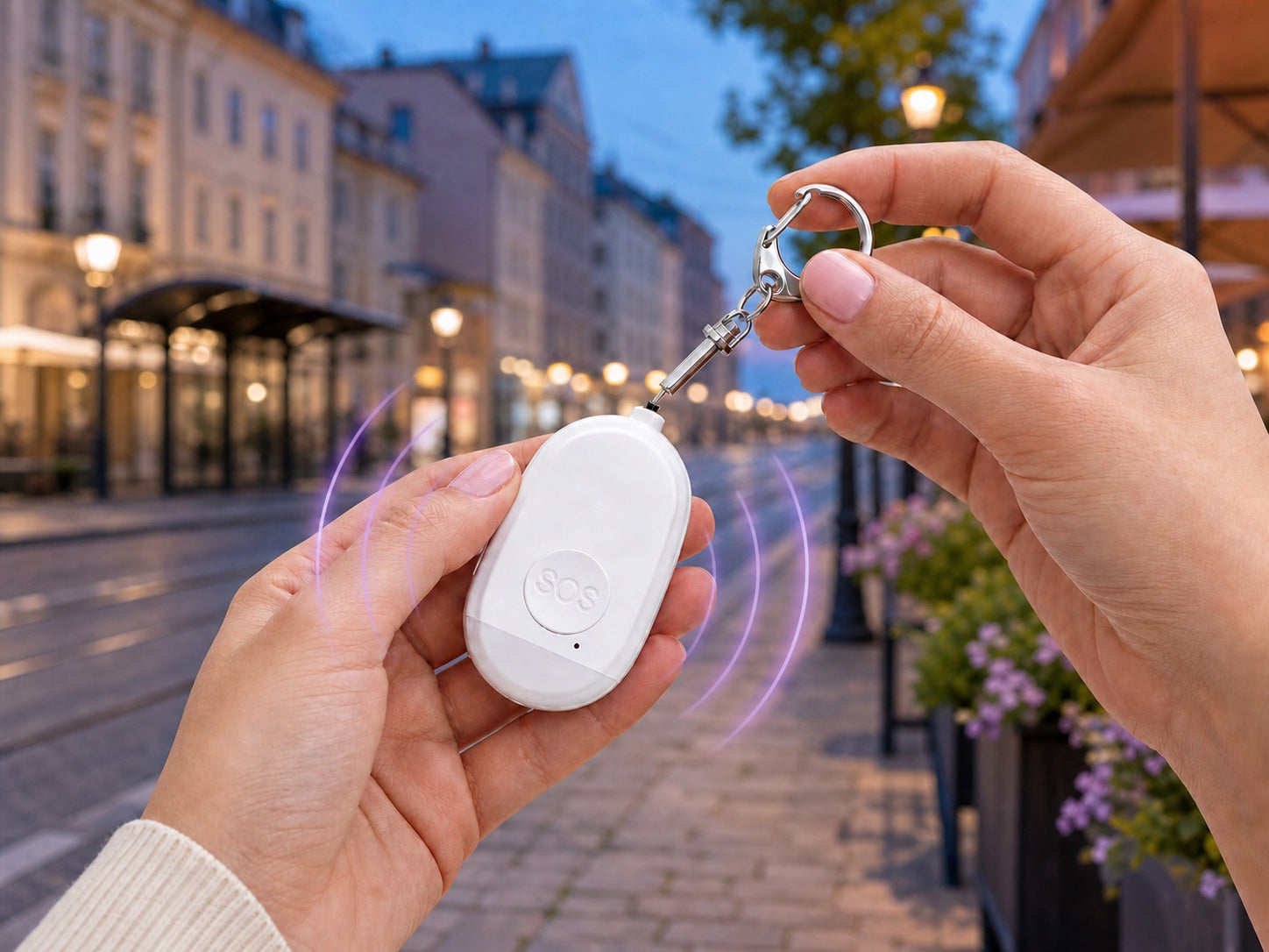 Der Zugstift eines weissen Dear Ones Taschenalarms wird draussen direkt herausgezogen und der laute Alarm ausgelöst.